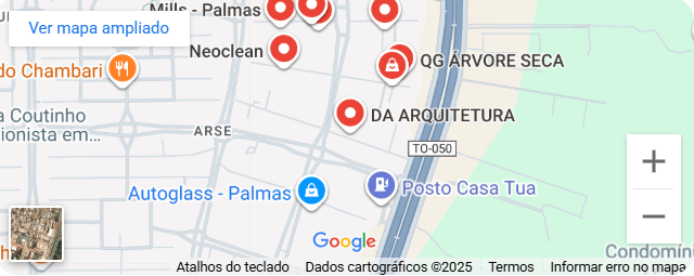Mapa do Google Maps mostrando a localização da Pré Lajes em Palmas, próximo à rodovia TO-050, nas proximidades do Posto Casa Tua e da Autoglass.