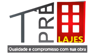 Logotipo da empresa Pré Lajes com desenho estilizado de telhado e prédio vermelho ao lado do nome.