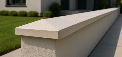 Pingadeira de concreto em formato casinha instalada sobre muro branco texturizado em frente a residência com gramado.